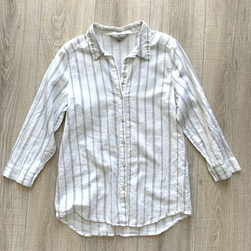 Hester & Orchard Linen Blend Shirt Button White Blue Striped Womens S